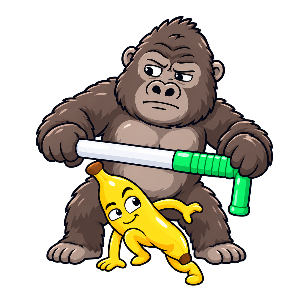 Baton Gorilla holding a baton over a small banana character peeking underneath