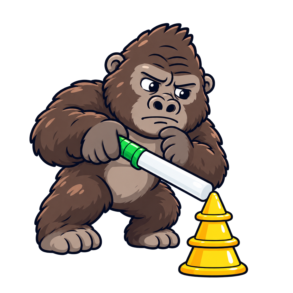 Young Baton Gorilla resting a baton against a traffic cone
